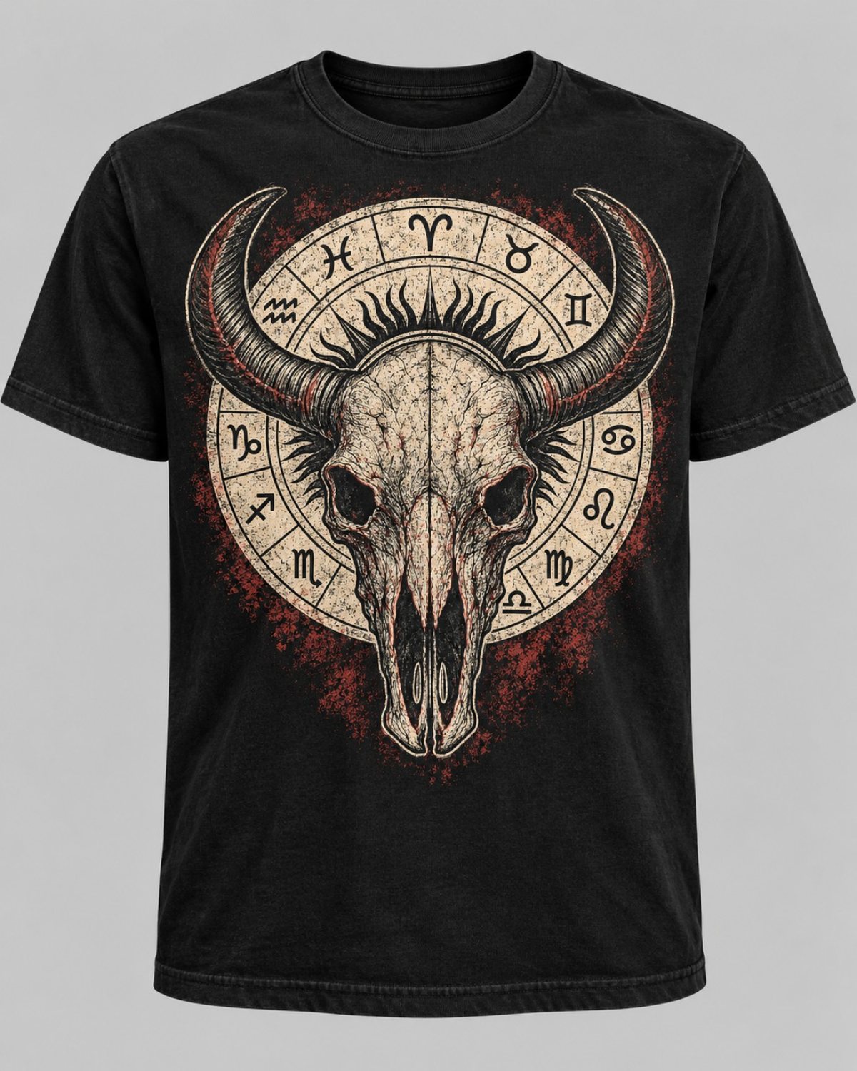 Camiseta negra con estampado de cráneo de toro astado y círculo zodiacal