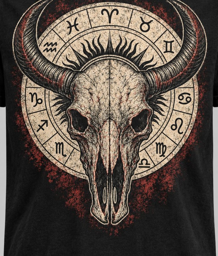 Acercamiento del estampado del cráneo y el círculo zodiacal